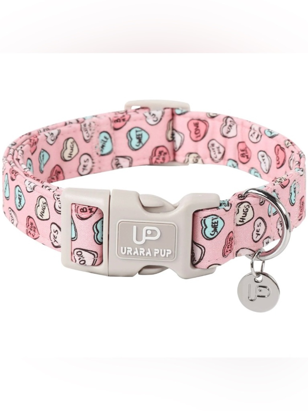 Valentine’s Day Dog Collar, Pink Heart Dog Collar with Quick Release, Sz Large